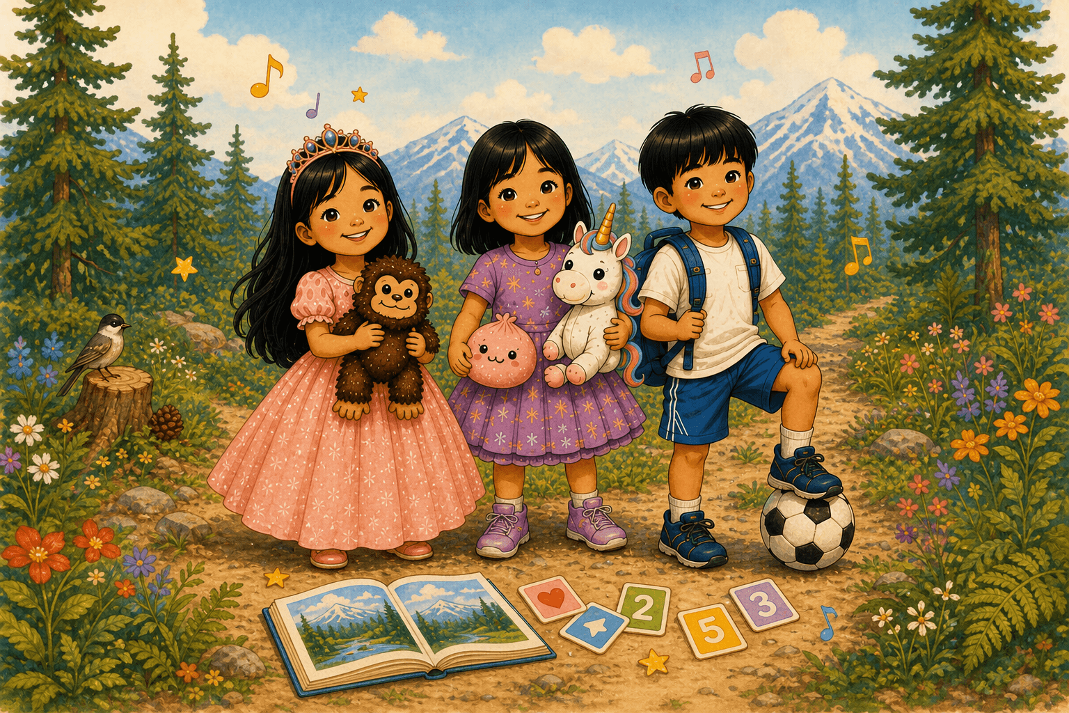 Storybook illustration of Nini, Riley, and Dylan on a summer learning adventure in the mountains
